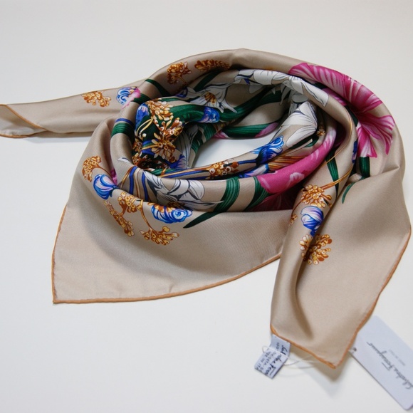 Display #1 Salvatore Ferragamo Silk Scarf Flowers Beige Wrap Scarf - Picture 9 of 15